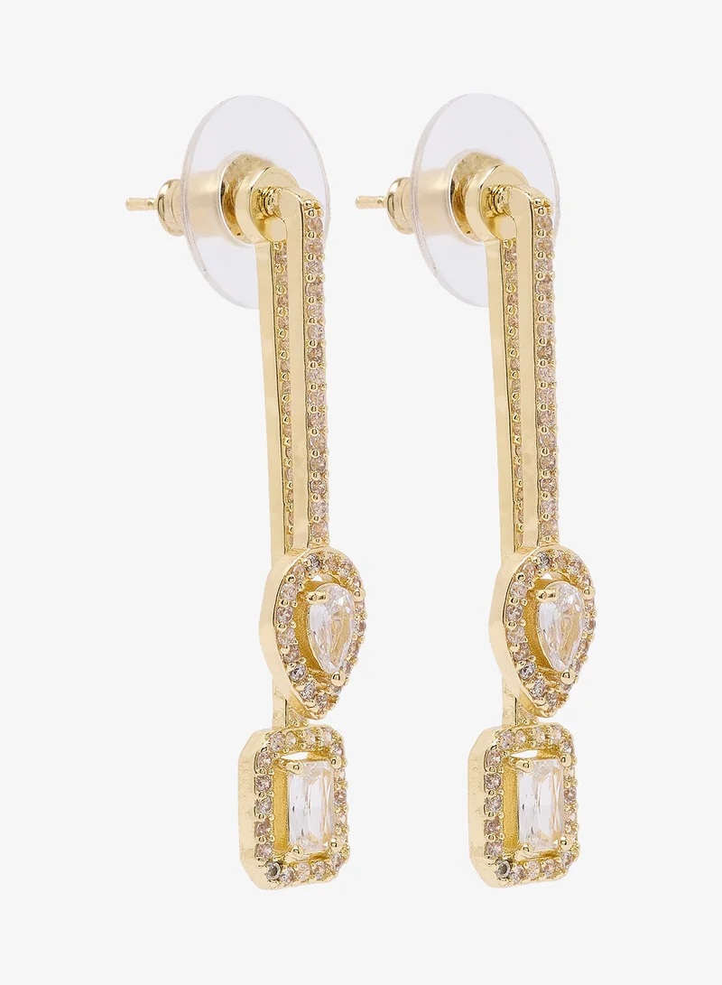 Gold Diamonte Rhinestone Embellished Drop Down Earrings